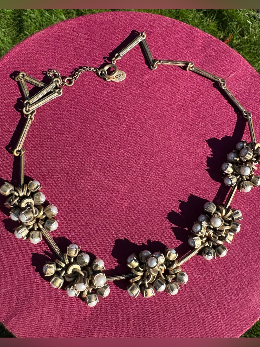 Vintage Loft Pearl Cluster Statement Necklace Antique Gold Brass 18”
